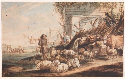 Herder met een kudde schapen en een koe tussen ruïnes door Jan Baptist Weenix