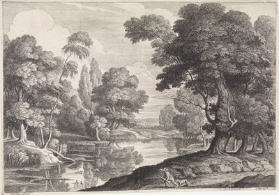 Landschap met jager die op eenden jaagt door Jan Baptist de Wael