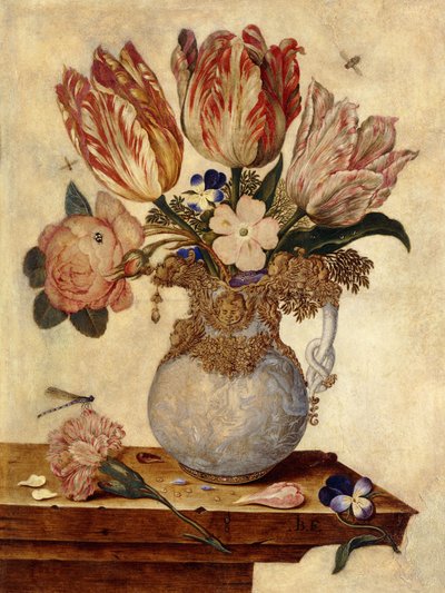 Tulpen, vergeet-mij-nietjes, pioenen en andere bloemen in een vaas op een rand door Jan Baptist van Fornenburgh