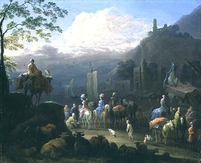 Een groep reizigers bij een haven door Jan Baptist van der Meiren