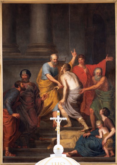 Binnenaanzicht, het hoogaltaar, schilderij "Petrus en Johannes helpen een lamme bij de tempel", Jan De Landtsheer door Jan Baptiste de Landtsheer