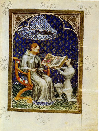 Jean de Vaudetar presenteert zijn geschenk van een boek aan Karel V van Frankrijk. Uit de Bijbel historiale van Jean de Vaudetar, 1372 door Jan Bondol