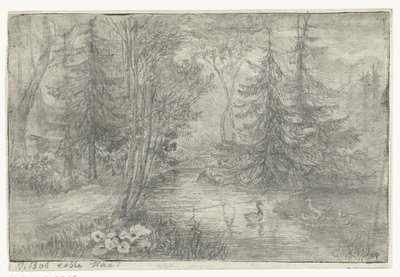 Bosvijver met eenden door Jan Bos Wz. (signed by artist)