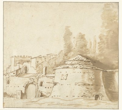 Italiaans gebouw met zware ronde toren door Jan Both (attributed to)