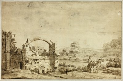 Italiaans landschap met ruïnes, vrouw en ezel door Jan Both