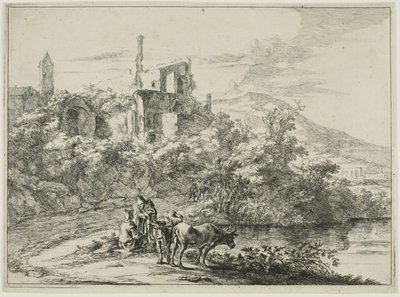 Landschap met Ruïnes en Twee Koeien aan de Waterkant, uit een serie van vier horizontale Romeinse Landschappen door Jan Both