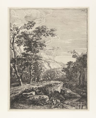 Landschap met vrouw rijdend op een muilezel langs de Aqua Negro tussen Bologna en Florence door Jan Both