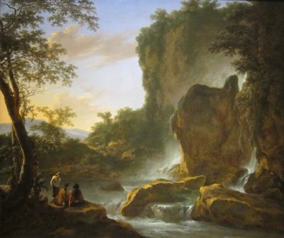 Mannen rusten uit in een bebost berglandschap met watervallen door Jan Both