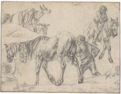 Studieblad met figuren, paarden en ezels door Jan Both