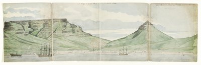 De Tafelberg en Kaapstad gezien vanaf de zee De Kaap de Goede Hoop zoals het zich vertoonde in 1787 door Jan Brandes