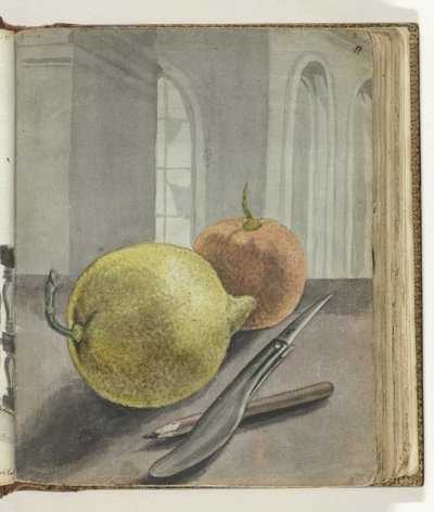 Stilleven met vruchten, mes en potlood door Jan Brandes