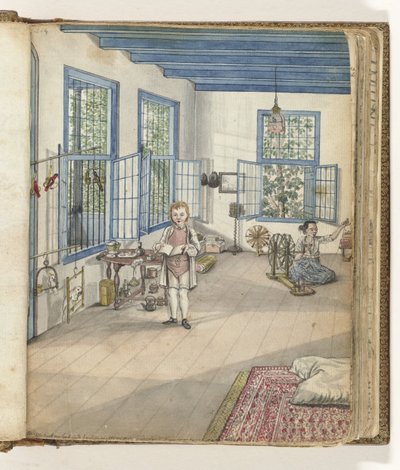 Woonkamer met zoon Jantje en Flora, een tot slaaf gemaakte vrouw, bij een spinnewiel door Jan Brandes