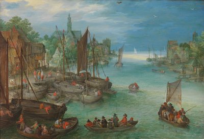 Gezicht op een Stad aan een Rivier door Jan Brueghel (I) (attributed to)