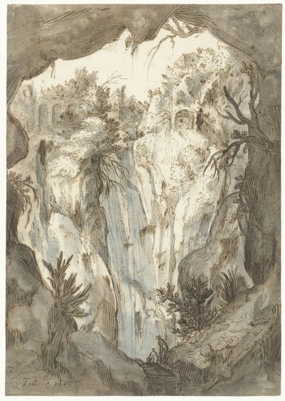 Waterval van Tivoli gezien vanuit een grot door Jan Brueghel (I) (attributed to)