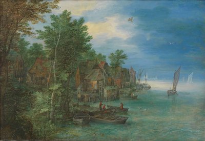 Zicht op een dorp langs een rivier door Jan Brueghel (I)