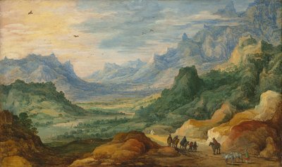 Een bergachtig landschap met reizigers en herders op een pad door Jan Brueghel the Elder