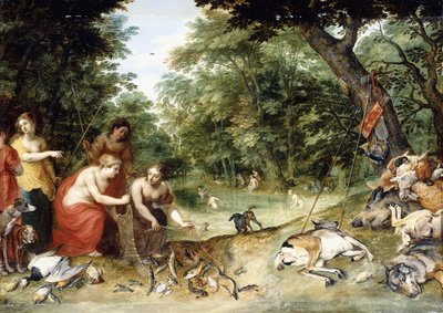 Een Allegorie van de Elementen, Aarde, Lucht en Water: Nimfen die Baden in een Bosrijke Open Plek met Trofeeën van de Jacht in de Buurt, c.1621 door Jan Brueghel the Elder