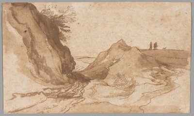 Een heuvelachtig landschap met figuren bij een ravijn door Jan Brueghel the Elder