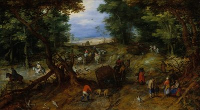 Een Bosweg met Reizigers door Jan Brueghel the Elder
