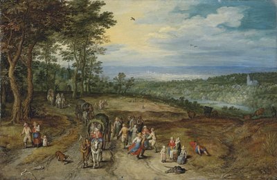 Een uitgestrekt boslandschap met reizigers op een pad en dansende boeren op de voorgrond / Landschap met reizigers en boeren op een pad door Jan Brueghel the Elder