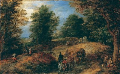 Landschap met reizigers op een bosweg, ca. 1607 door Jan Brueghel the Elder