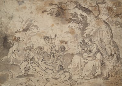 De Maagd Maria en St. Joseph en het Christuskind, St. Johannes, en engelen die spelen met de Instrumenten van Passie door Jan Brueghel the Elder