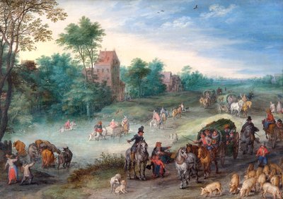Reizigers op een landweg met vee en varkens door Jan Brueghel the Elder