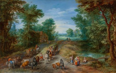 Bosrijk landschap met reizigers door Jan Brueghel the Elder
