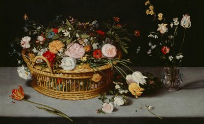 Stilleven met mand en vaas met bloemen door Jan Brueghel the Younger