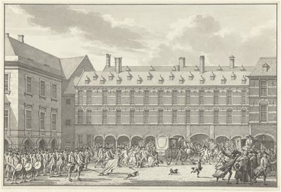 Ongeregeldheden als de Gedeputeerden van Dordrecht door de Stadhouderspoort rijden op het Binnenhof, 1786 door Jan Bulthuis