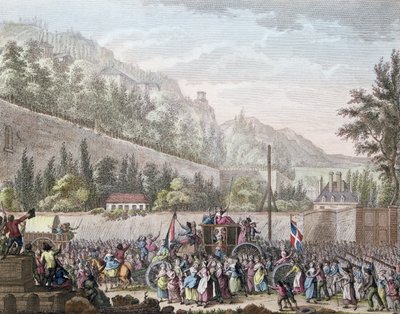 De vrouwen van Les Halles in Auteuil toen ze de Franse koninklijke familie naar Parijs brachten vanuit Versailles op 6 oktober 1789, 1796 door Jan Bulthuis
