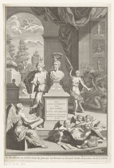 Buste van Hugo de Groot gelauwerd door Victoria door Jan Caspar Philips