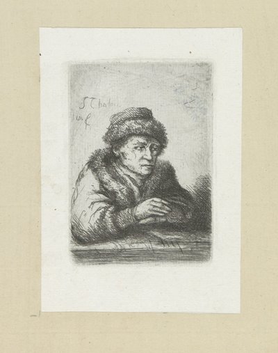 Volwassen man aan een tafel, in bontmantel door Jan Chalon
