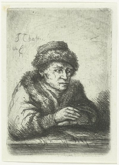 Volwassen man aan een tafel, in bontmantel door Jan Chalon