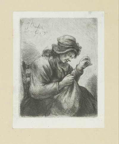 Vrouw met naald en draad door Jan Chalon