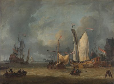 Een storm (schepen in de haven bij harde wind) door Jan Claesz. Rietschoof