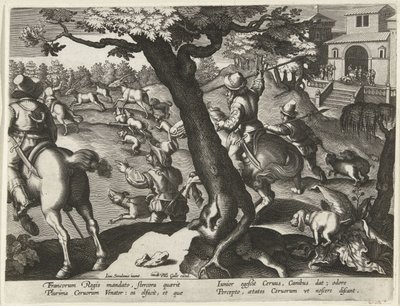 Hertenjacht met honden door Jan Collaert (II) (attributed to)