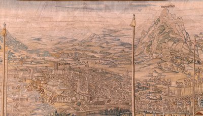 Troepeninspectie in Barcelona (La revista de las tropas en Barcelona). Tweede wandtapijt in de serie. 1543-1548. door Jan Cornelisz Vermeyen