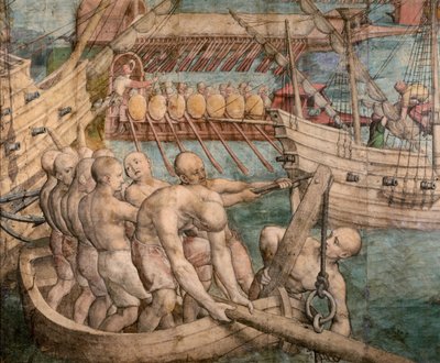 Galeislaven. Detail van: Keizer Karel V Verovert Tunis Tapestry Cartoon, ca. 1548 door Jan Cornelisz. Vermeyen