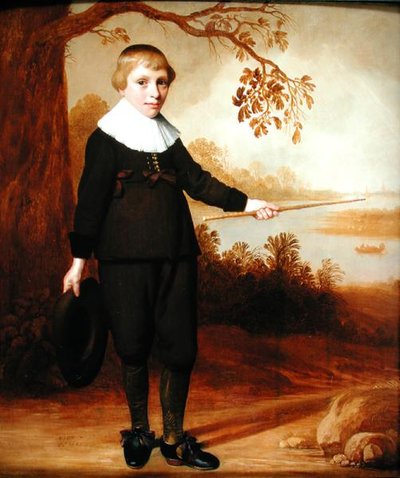 Portret van een zevenjarige jongen in een rivierlandschap, 1640 door Jan Damen Cool