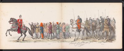 Maskerade van de Leidse studenten, 1865 (plaat 15) Gecostumeerde optogt gehouden door de leden van het Leidsche studenten-corps den 6den Junij 1865, ter viering van den 290sten verjaardag der Leidsche Hoogeschool, voorstellende: de intogt der Hollanders door Jan Daniël Cornelis Carel Willem baron de Constant Rebecque