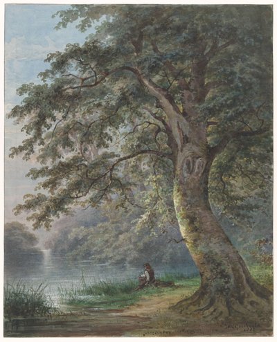 Hengelaar onder grote boom bij vijver door Jan David Geerling Grootveld