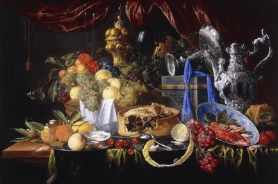 Een Taart op een Tin Bord, een Gedeeltelijk Geschild Citroen, een Zilveren Lepel op een Tin Bord, Kreeft en Garnalen in een Wanli Kraak Porselein Kom, 1649 door Jan Davidsz de Heem