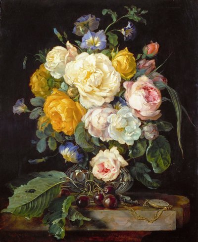 Stilleven met pioenen, kersen en een zakhorloge door Jan Davidsz de Heem