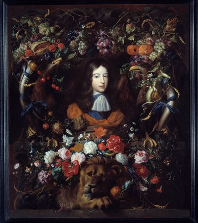 Portret van Willem III van Oranje (1650-1702) in een medaillon van bloemen door Jan Davidsz de Heem