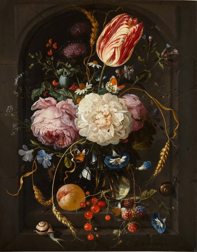 Stilleven van bloemen in een glazen vaas met insecten en vruchten in een stenen nis door Jan Davidsz. de Heem