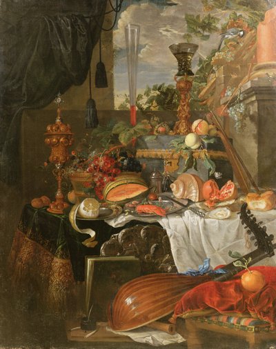 Stilleven van Voedsel en Muziekinstrumenten door Jan Davidsz de Heem