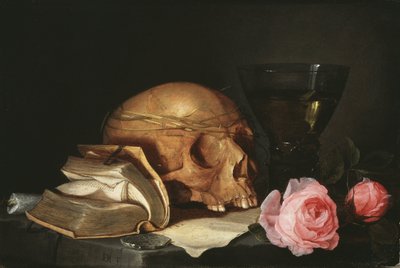 Vanitas Stilleven met een Schedel, een Boek en Rozen door Jan Davidsz de Heem