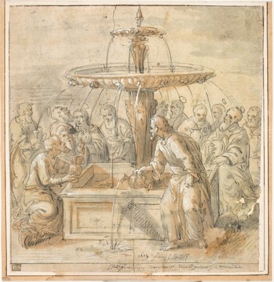 Heiligen met kruiken rond fontein door Jan Deys