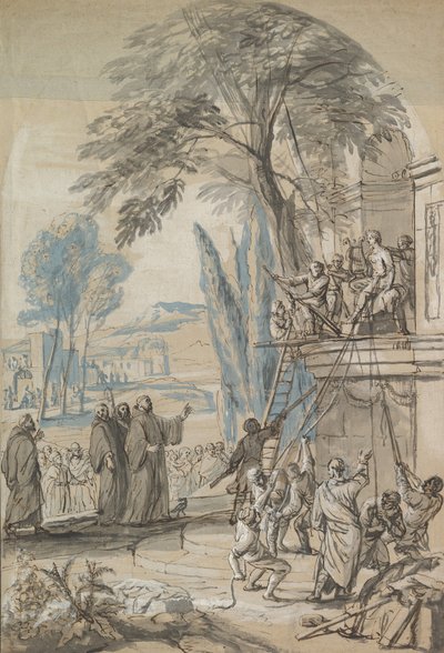 Benedictus van Nursia beveelt de vernietiging van de tempel van Apollo op Monte..., midden 17e-begin 18e eeuw door Jan Erasmus Quellinus